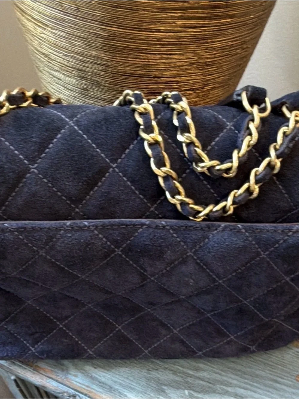 Michael Kors Navy Quilted Suede Shoulder Bag with Gold Chain